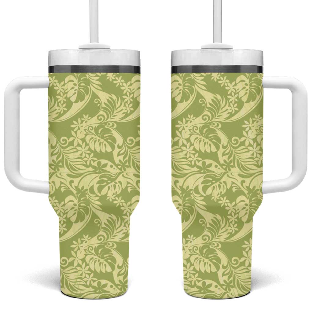 Tahiti Olive Tiare Floral Tumbler With Handle Monstera Palm Tropical Leaves - Polynesian Pride