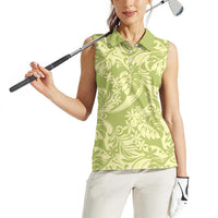 Tahiti Olive Tiare Floral Women Sleeveless Polo Shirt Monstera Palm Tropical Leaves - Polynesian Pride