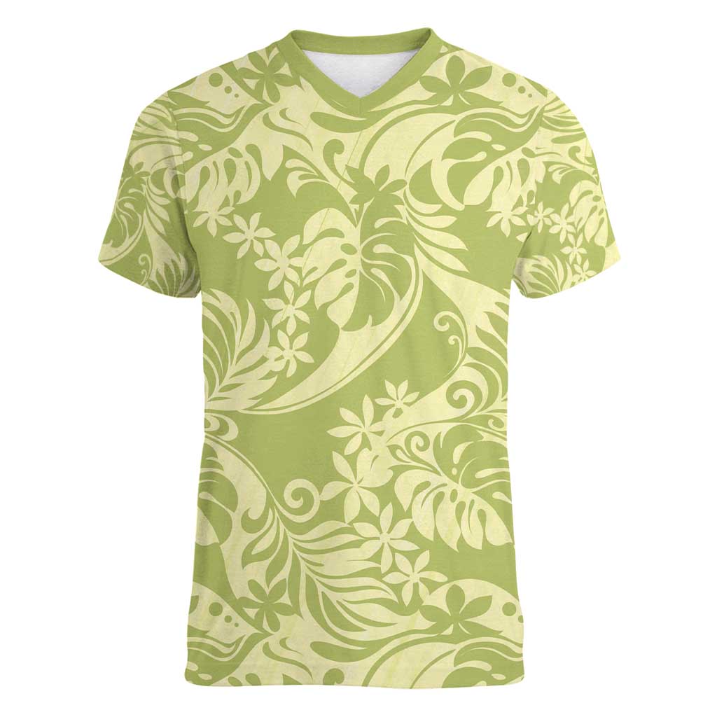Tahiti Olive Tiare Floral Women V-Neck T-Shirt Monstera Palm Tropical Leaves - Polynesian Pride