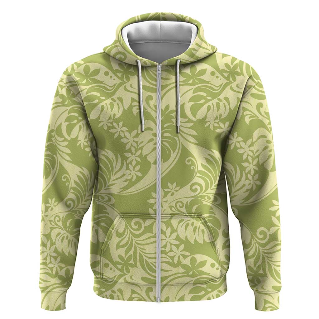 Tahiti Olive Tiare Floral Zip Hoodie Monstera Palm Tropical Leaves LT01 Zip Hoodie Olive - Polynesian Pride