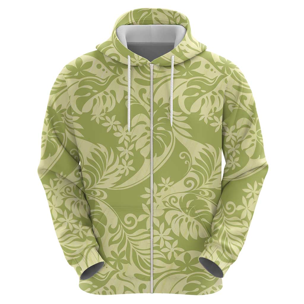 Tahiti Olive Tiare Floral Zip Hoodie Monstera Palm Tropical Leaves LT01 - Polynesian Pride
