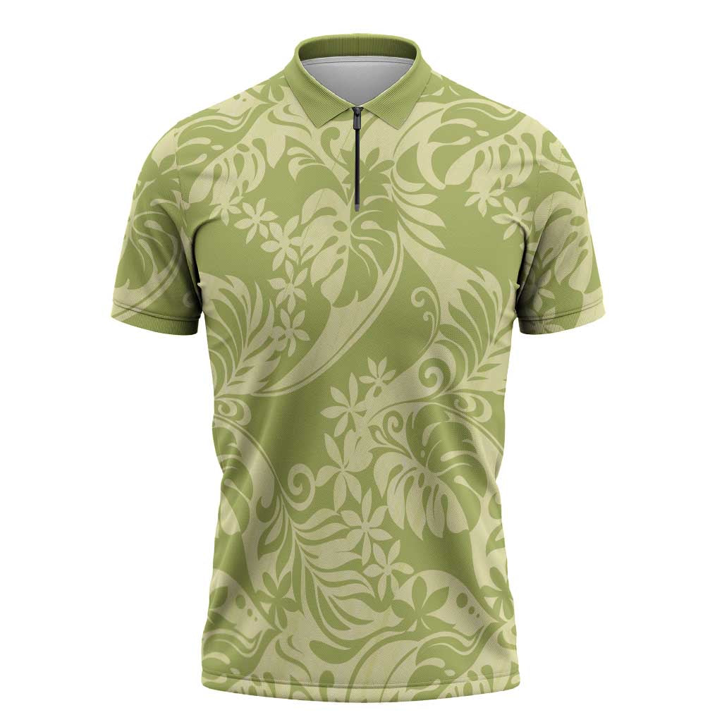 Tahiti Olive Tiare Floral Zipper Polo Shirt Monstera Palm Tropical Leaves LT01 Olive - Polynesian Pride
