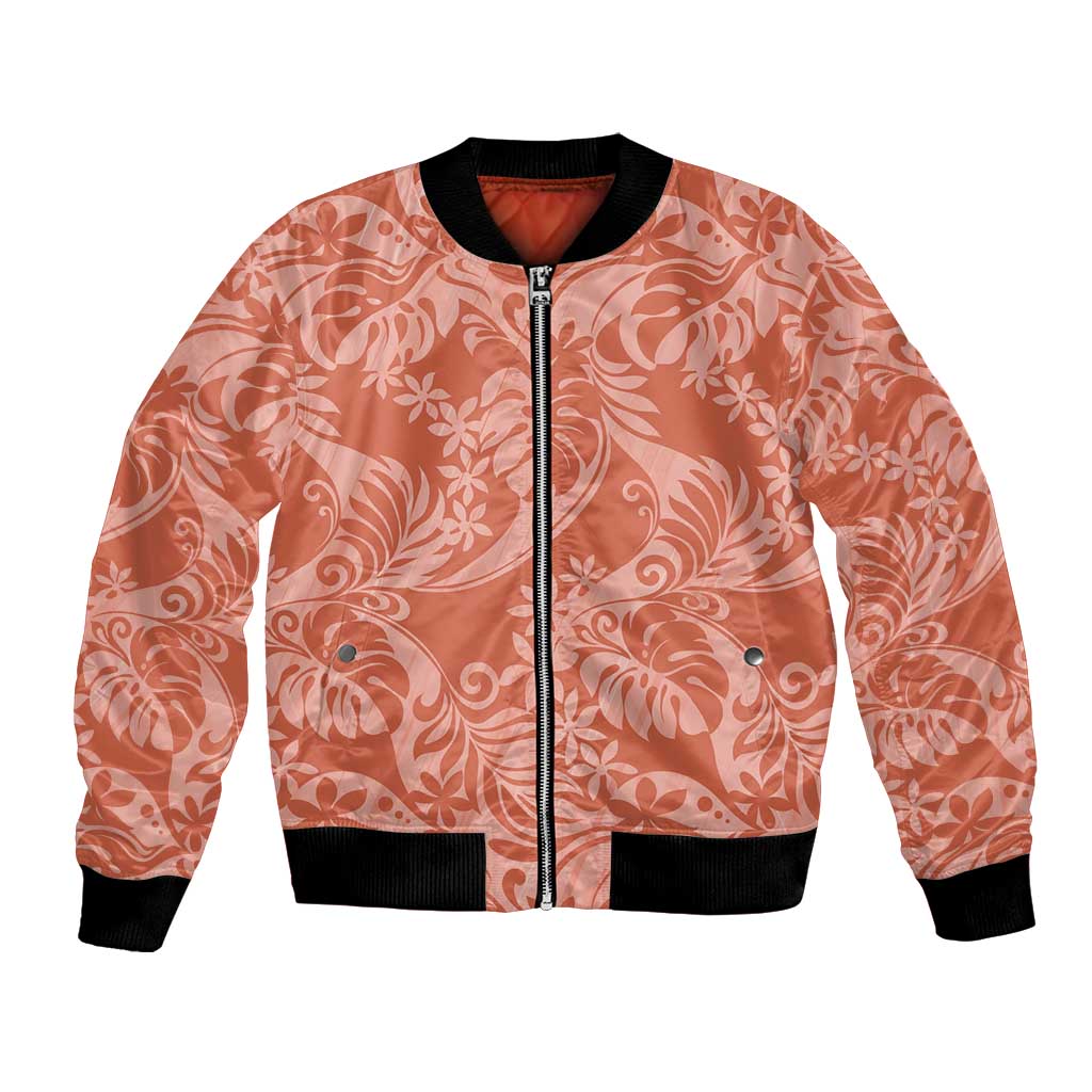 Tahiti Puatou Tiare Floral Bomber Jacket Monstera Palm Tropical Leaves LT01 Unisex Orange - Polynesian Pride