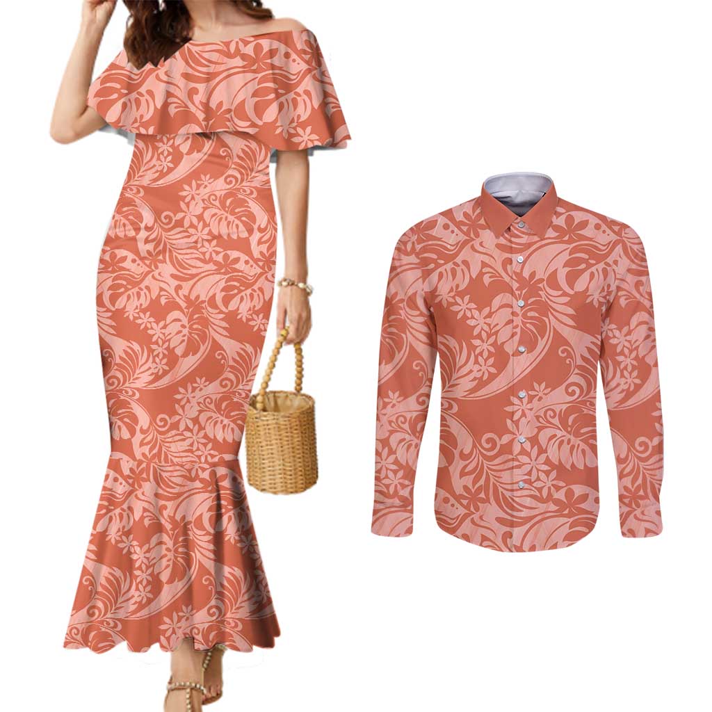 Tahiti Puatou Tiare Floral Couples Matching Mermaid Dress and Long Sleeve Button Shirt Monstera Palm Tropical Leaves - Polynesian Pride