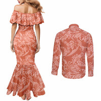 Tahiti Puatou Tiare Floral Couples Matching Mermaid Dress and Long Sleeve Button Shirt Monstera Palm Tropical Leaves - Polynesian Pride