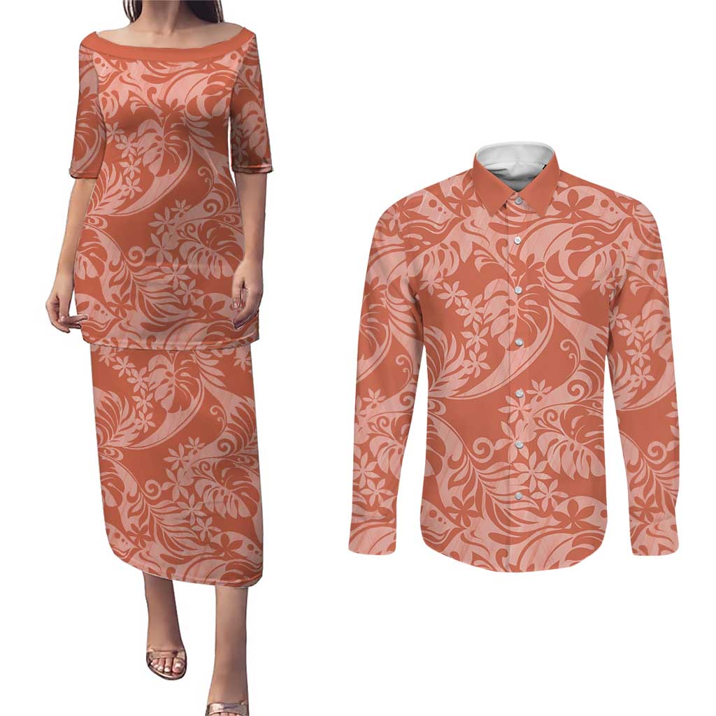 Tahiti Puatou Tiare Floral Couples Matching Puletasi and Long Sleeve Button Shirt Monstera Palm Tropical Leaves - Polynesian Pride