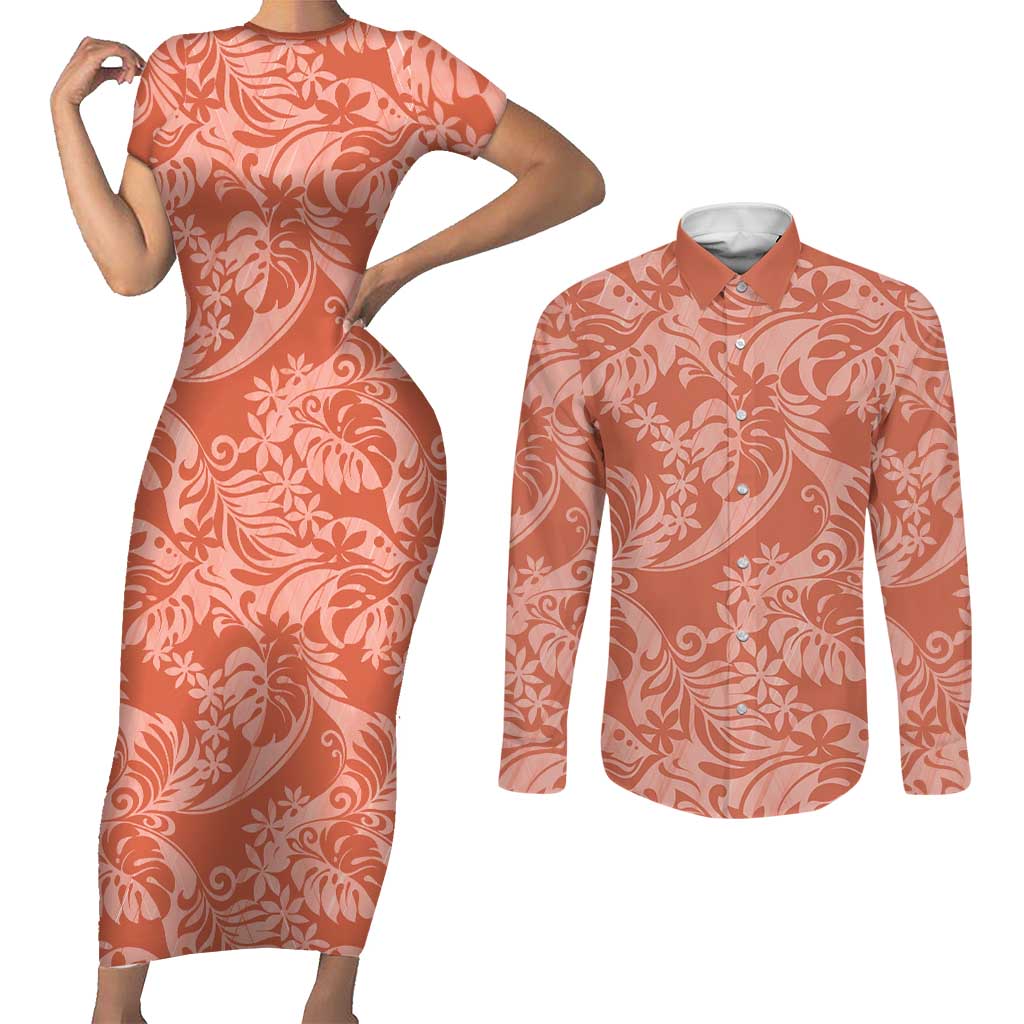 Tahiti Puatou Tiare Floral Couples Matching Short Sleeve Bodycon Dress and Long Sleeve Button Shirt Monstera Palm Tropical Leaves LT01 Orange - Polynesian Pride