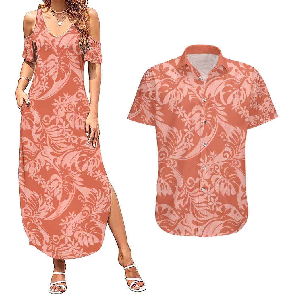 Tahiti Puatou Tiare Floral Couples Matching Summer Maxi Dress and Hawaiian Shirt Monstera Palm Tropical Leaves - Polynesian Pride