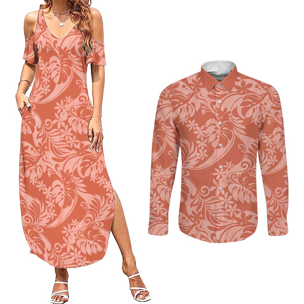 Tahiti Puatou Tiare Floral Couples Matching Summer Maxi Dress and Long Sleeve Button Shirt Monstera Palm Tropical Leaves LT01 Orange - Polynesian Pride