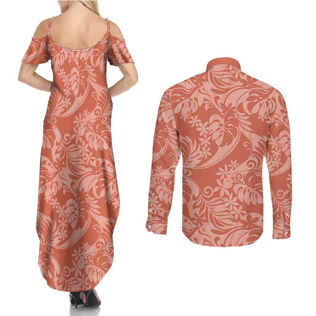 Tahiti Puatou Tiare Floral Couples Matching Summer Maxi Dress and Long Sleeve Button Shirt Monstera Palm Tropical Leaves - Polynesian Pride