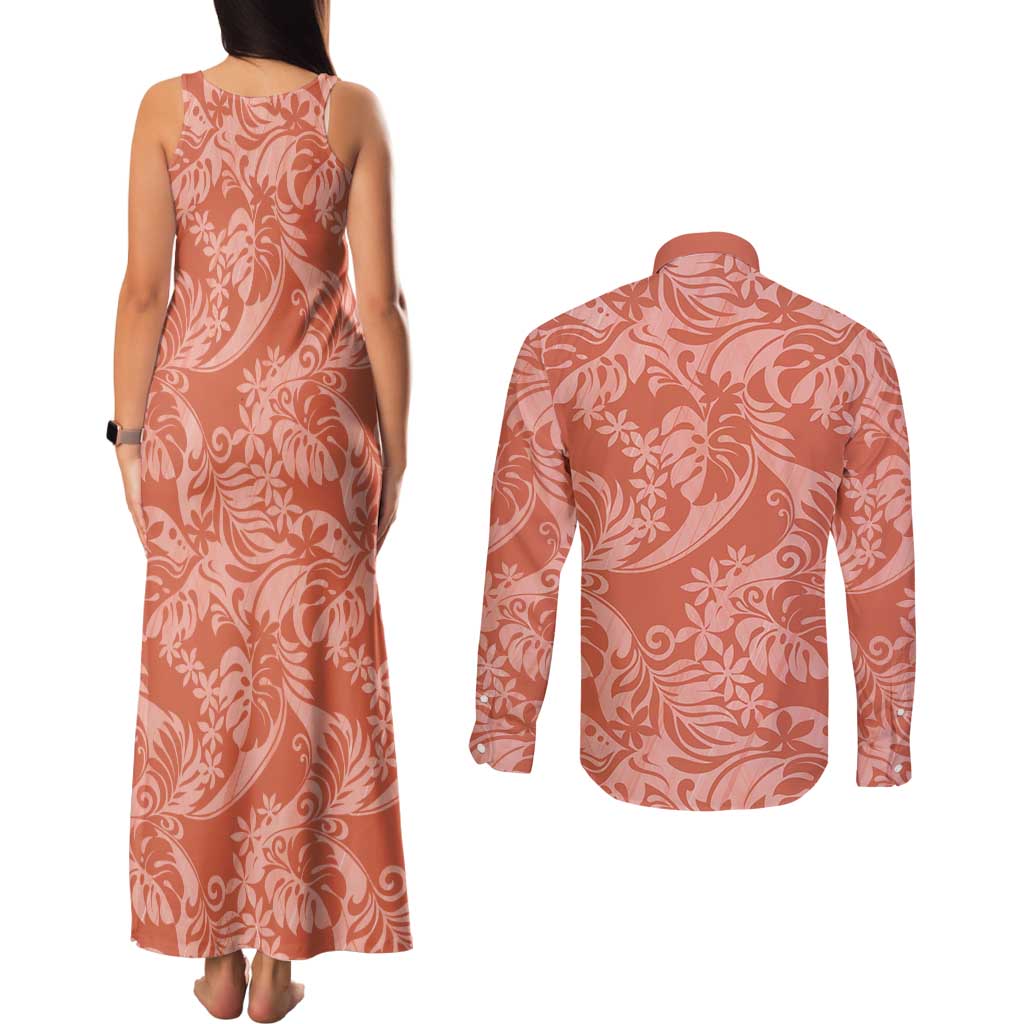 Tahiti Puatou Tiare Floral Couples Matching Tank Maxi Dress and Long Sleeve Button Shirt Monstera Palm Tropical Leaves - Polynesian Pride