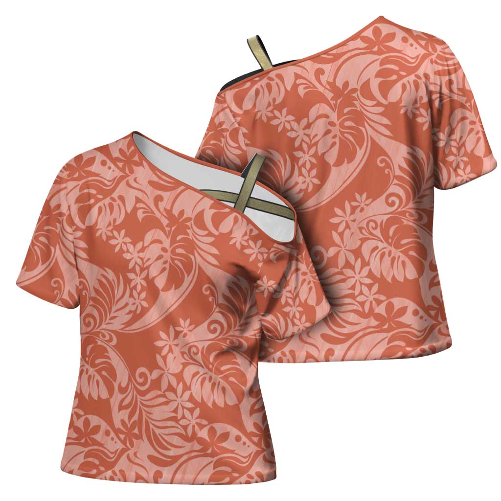 Tahiti Puatou Tiare Floral Cross Shoulder Shirt Monstera Palm Tropical Leaves LT01 - Polynesian Pride