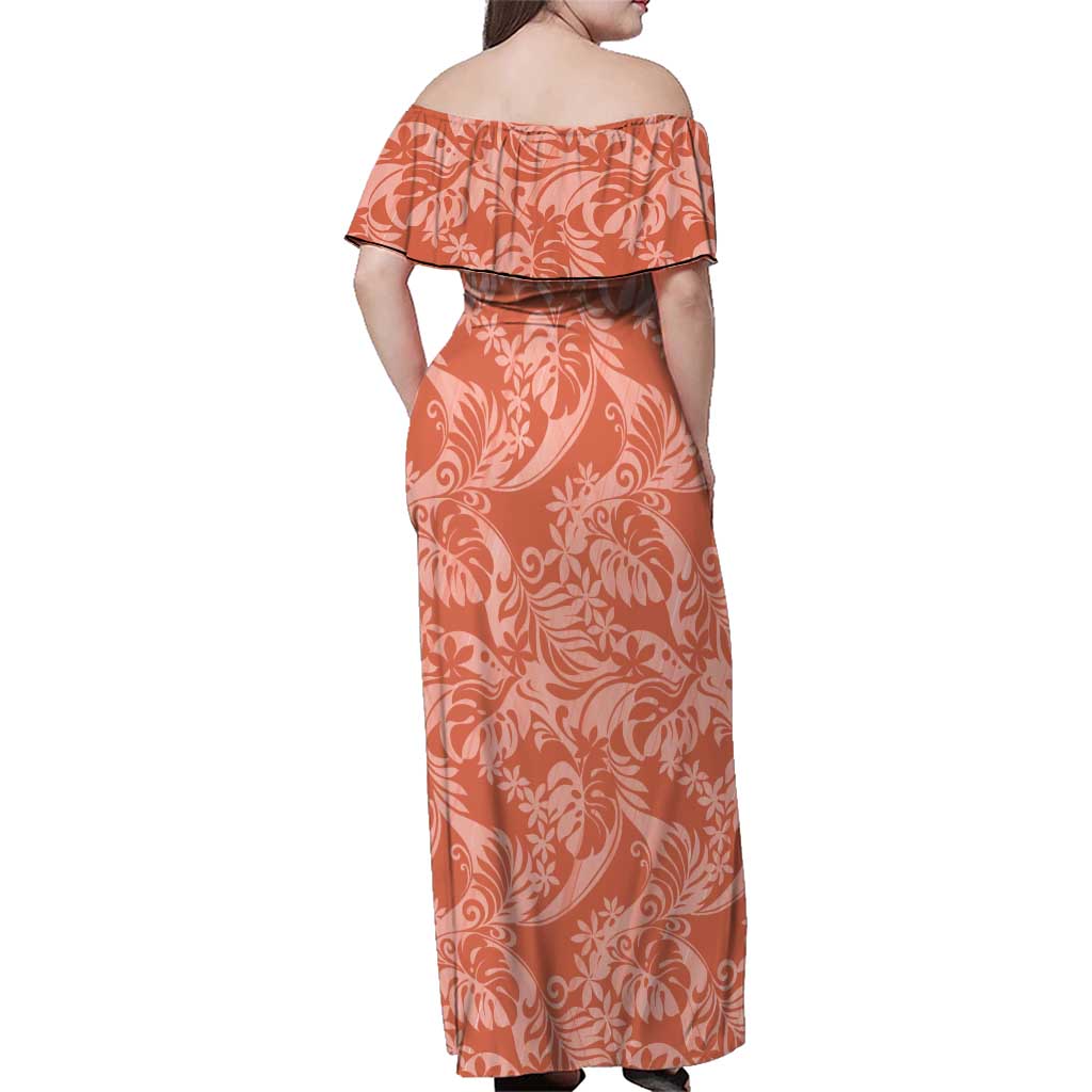 Tahiti Puatou Tiare Floral Family Matching Off Shoulder Maxi Dress and Hawaiian Shirt Monstera Palm Tropical Leaves - Polynesian Pride