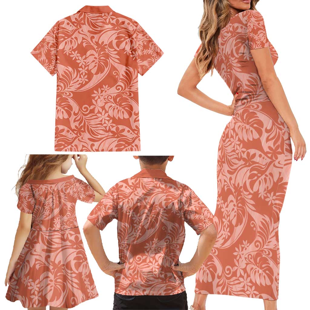 Tahiti Puatou Tiare Floral Family Matching Short Sleeve Bodycon Dress and Hawaiian Shirt Monstera Palm Tropical Leaves - Polynesian Pride