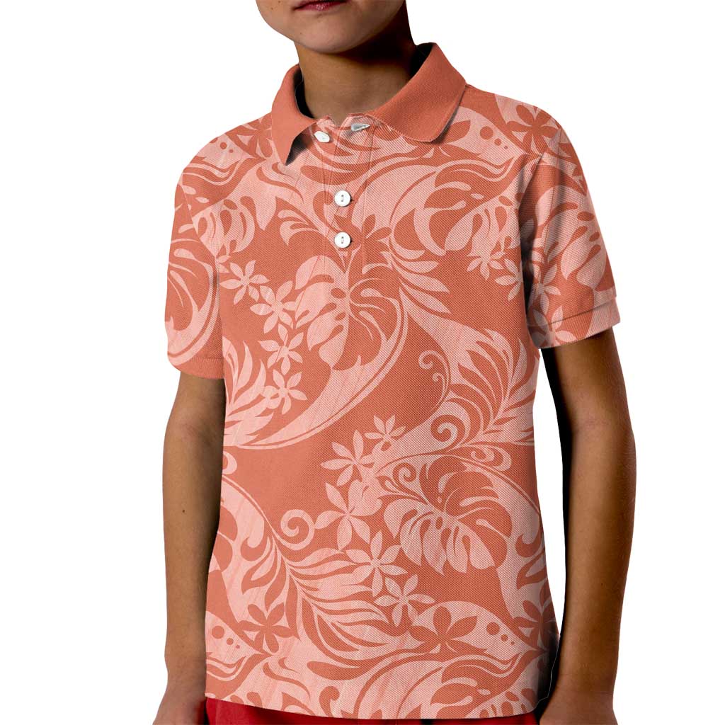 Tahiti Puatou Tiare Floral Kid Polo Shirt Monstera Palm Tropical Leaves LT01 Kid Orange - Polynesian Pride