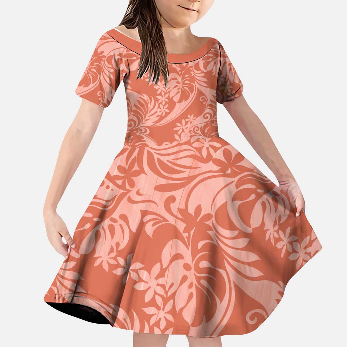 Tahiti Puatou Tiare Floral Kid Short Sleeve Dress Monstera Palm Tropical Leaves LT01 KID Orange - Polynesian Pride