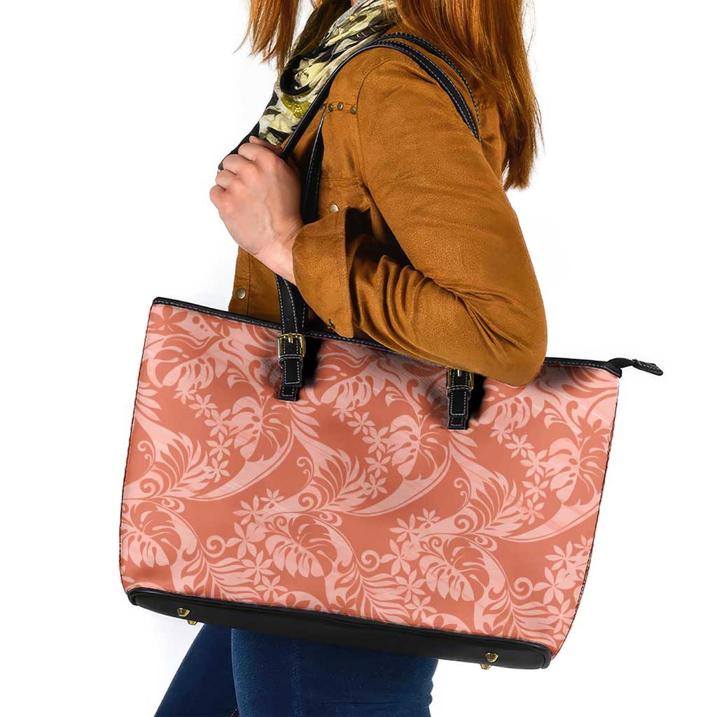 Tahiti Puatou Tiare Floral Leather Tote Bag Monstera Palm Tropical Leaves LT01 Orange - Polynesian Pride
