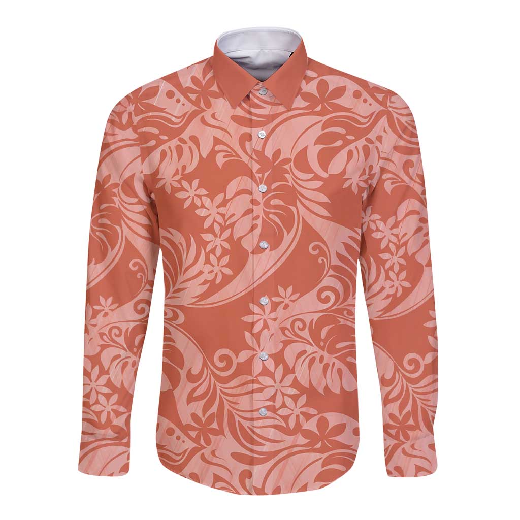 Tahiti Puatou Tiare Floral Long Sleeve Button Shirt Monstera Palm Tropical Leaves LT01 Unisex Orange - Polynesian Pride