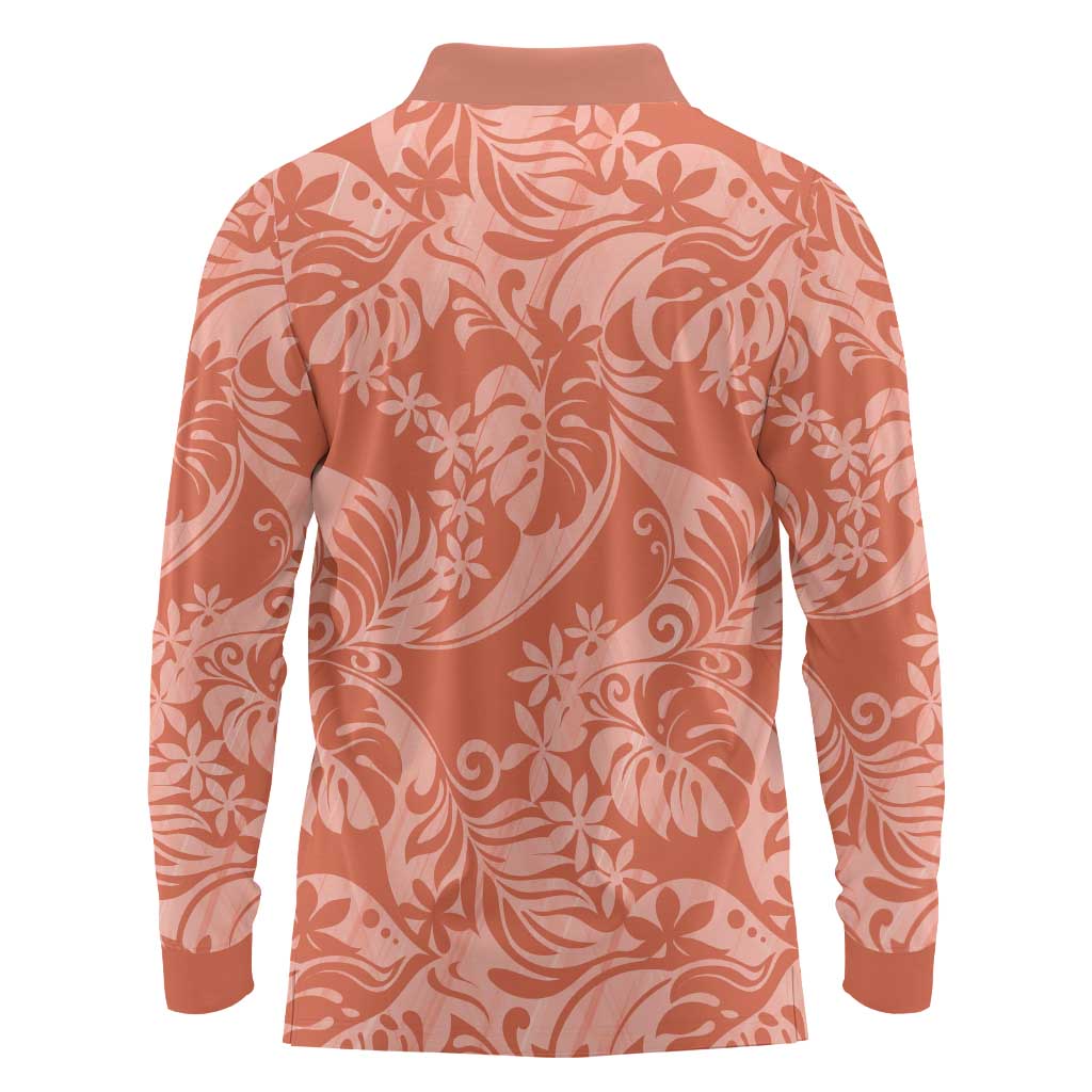 Tahiti Puatou Tiare Floral Long Sleeve Polo Shirt Monstera Palm Tropical Leaves LT01 - Polynesian Pride