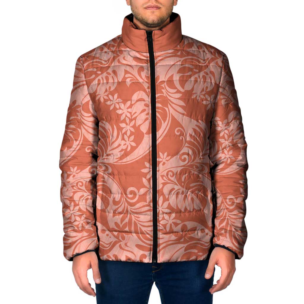 Tahiti Puatou Tiare Floral Padded Jacket Monstera Palm Tropical Leaves LT01 Men Orange - Polynesian Pride