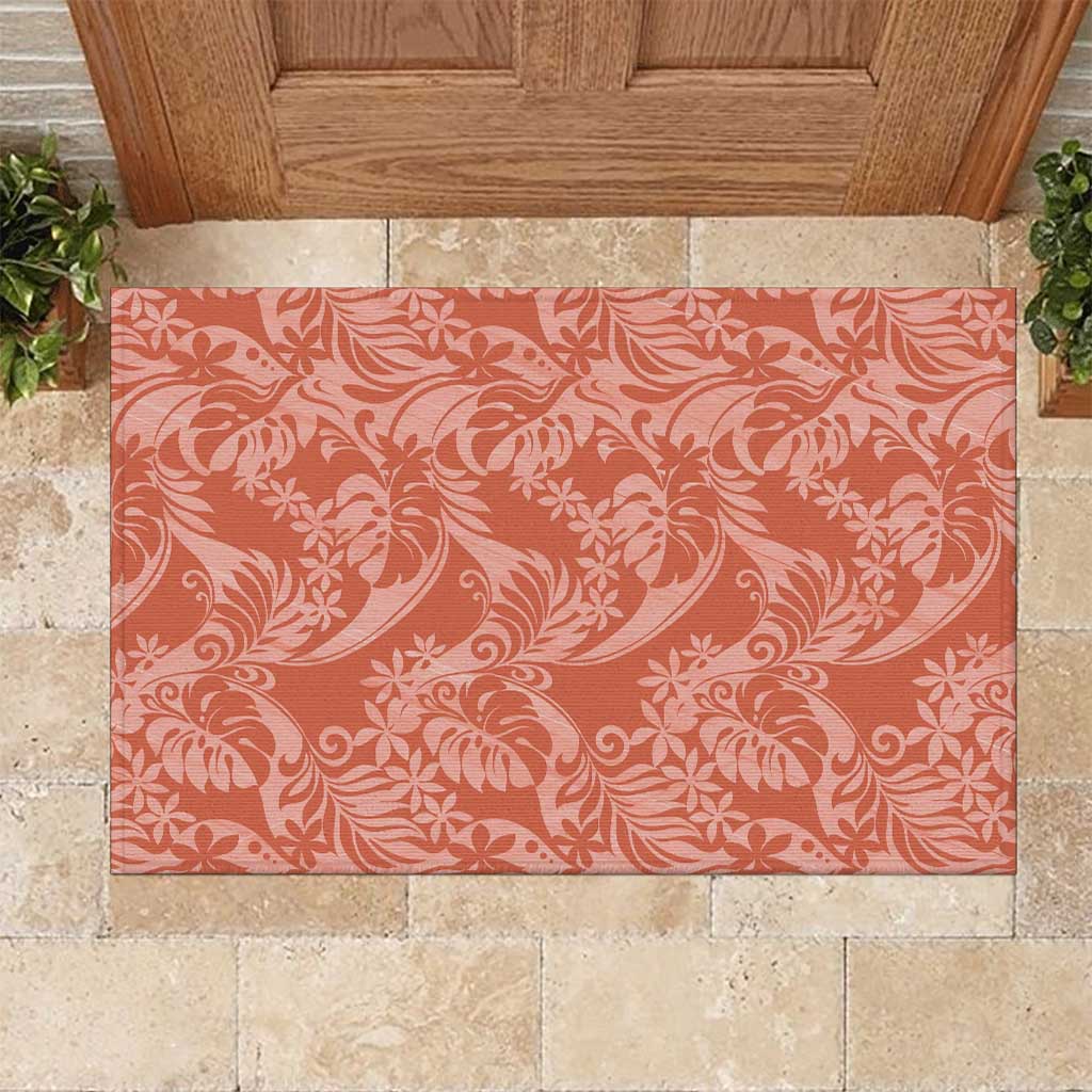 Tahiti Puatou Tiare Floral Rubber Doormat Monstera Palm Tropical Leaves LT01 Orange - Polynesian Pride