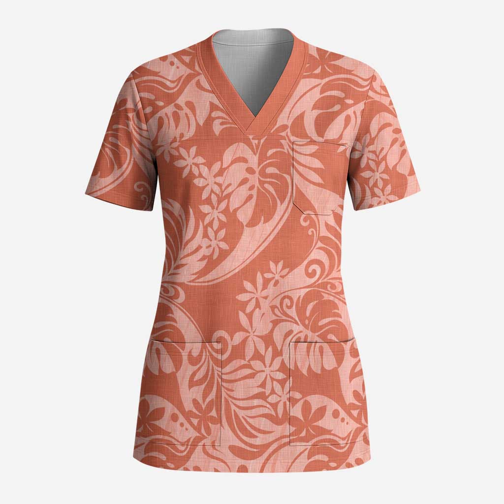 Tahiti Puatou Tiare Floral Scrub Top Monstera Palm Tropical Leaves - Polynesian Pride