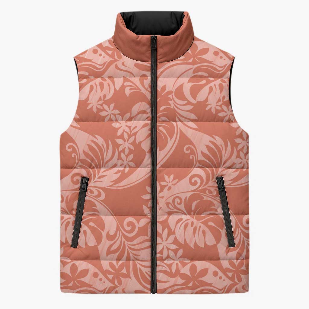 Tahiti Puatou Tiare Floral Sleeveless Puffer Jacket Monstera Palm Tropical Leaves LT01 Unisex Orange - Polynesian Pride