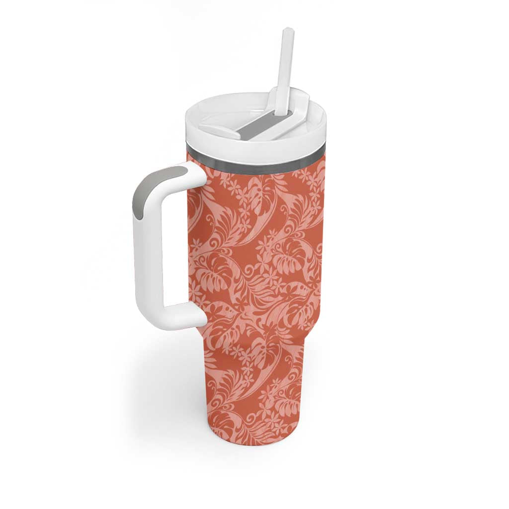 Tahiti Puatou Tiare Floral Tumbler With Handle Monstera Palm Tropical Leaves - Polynesian Pride