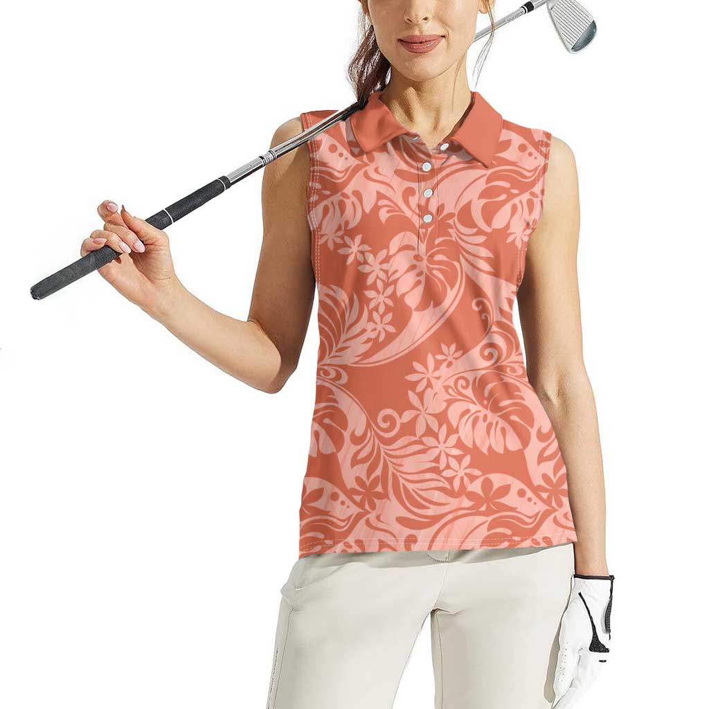 Tahiti Puatou Tiare Floral Women Sleeveless Polo Shirt Monstera Palm Tropical Leaves - Polynesian Pride