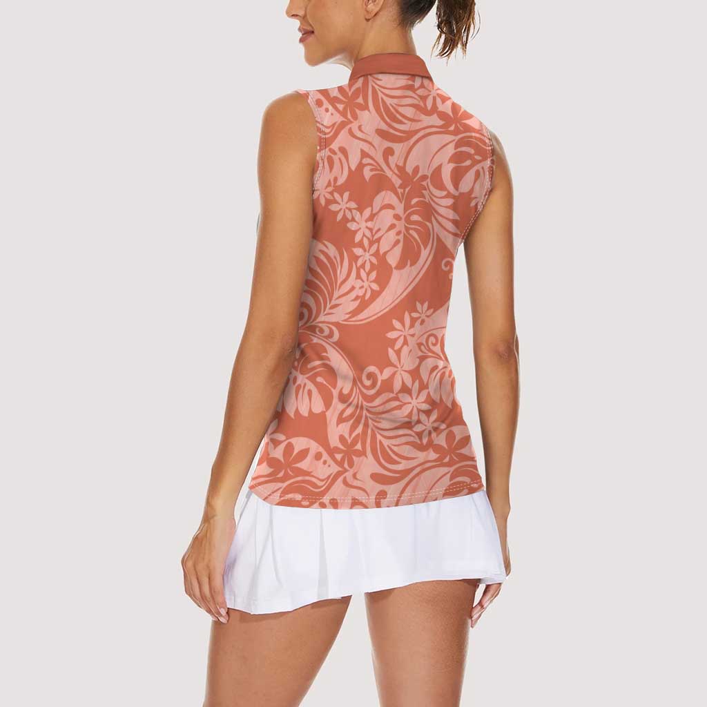 Tahiti Puatou Tiare Floral Women Sleeveless Polo Shirt Monstera Palm Tropical Leaves - Polynesian Pride