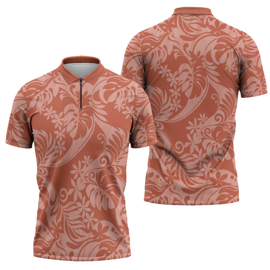 Tahiti Puatou Tiare Floral Zipper Polo Shirt Monstera Palm Tropical Leaves - Polynesian Pride
