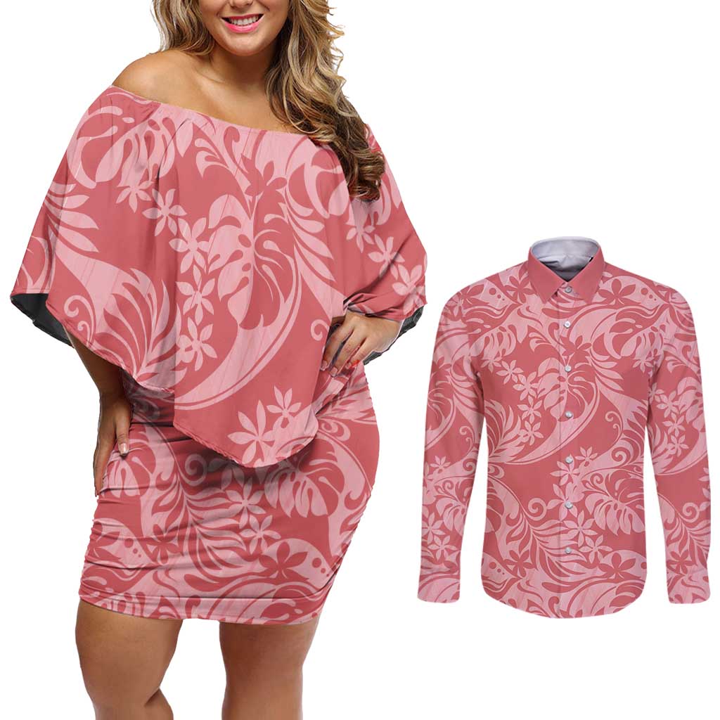 Tahiti Tarona Tiare Floral Couples Matching Off Shoulder Short Dress and Long Sleeve Button Shirt Monstera Palm Tropical Leaves - Polynesian Pride