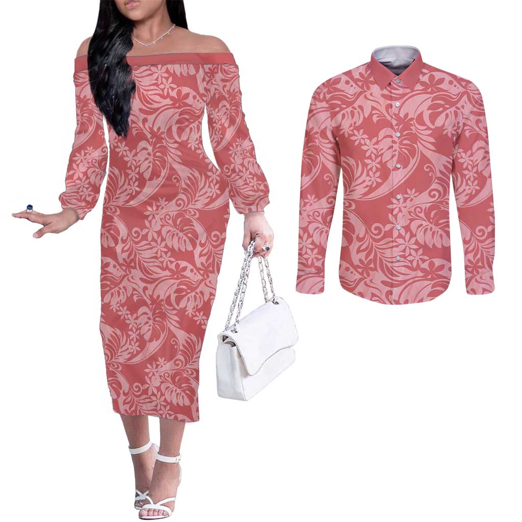 Tahiti Tarona Tiare Floral Couples Matching Off The Shoulder Long Sleeve Dress and Long Sleeve Button Shirt Monstera Palm Tropical Leaves - Polynesian Pride