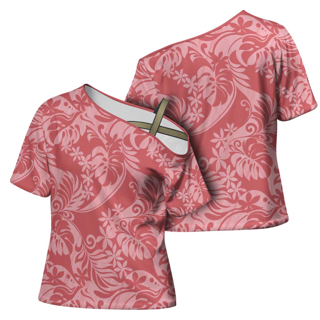 Tahiti Tarona Tiare Floral Cross Shoulder Shirt Monstera Palm Tropical Leaves - Polynesian Pride
