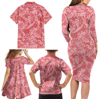 Tahiti Tarona Tiare Floral Family Matching Long Sleeve Bodycon Dress and Hawaiian Shirt Monstera Palm Tropical Leaves - Polynesian Pride