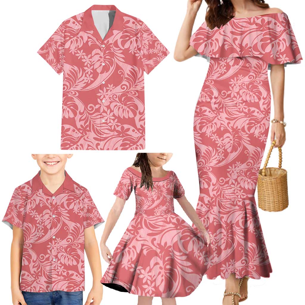 Tahiti Tarona Tiare Floral Family Matching Mermaid Dress and Hawaiian Shirt Monstera Palm Tropical Leaves - Polynesian Pride