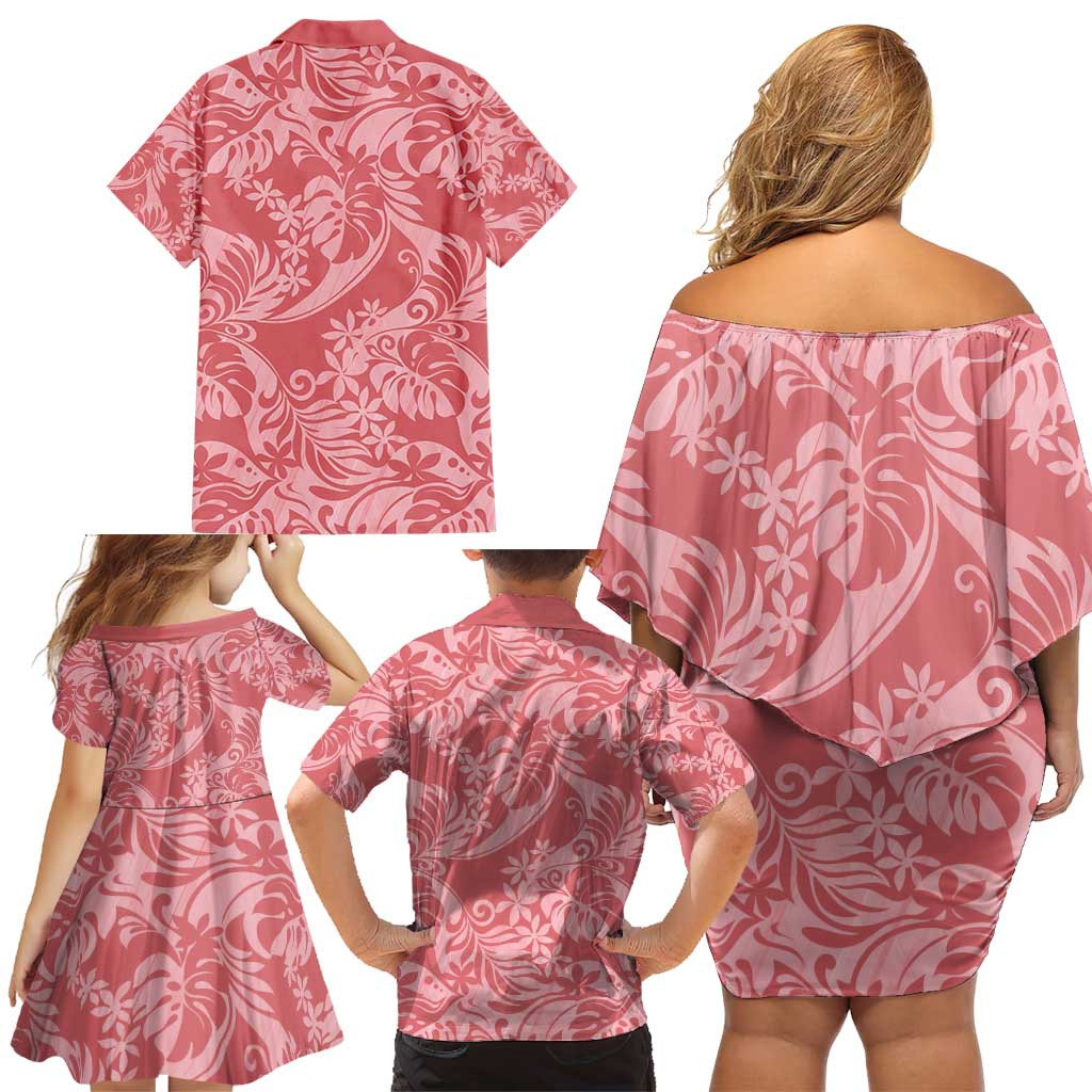 Tahiti Tarona Tiare Floral Family Matching Off Shoulder Short Dress and Hawaiian Shirt Monstera Palm Tropical Leaves - Polynesian Pride