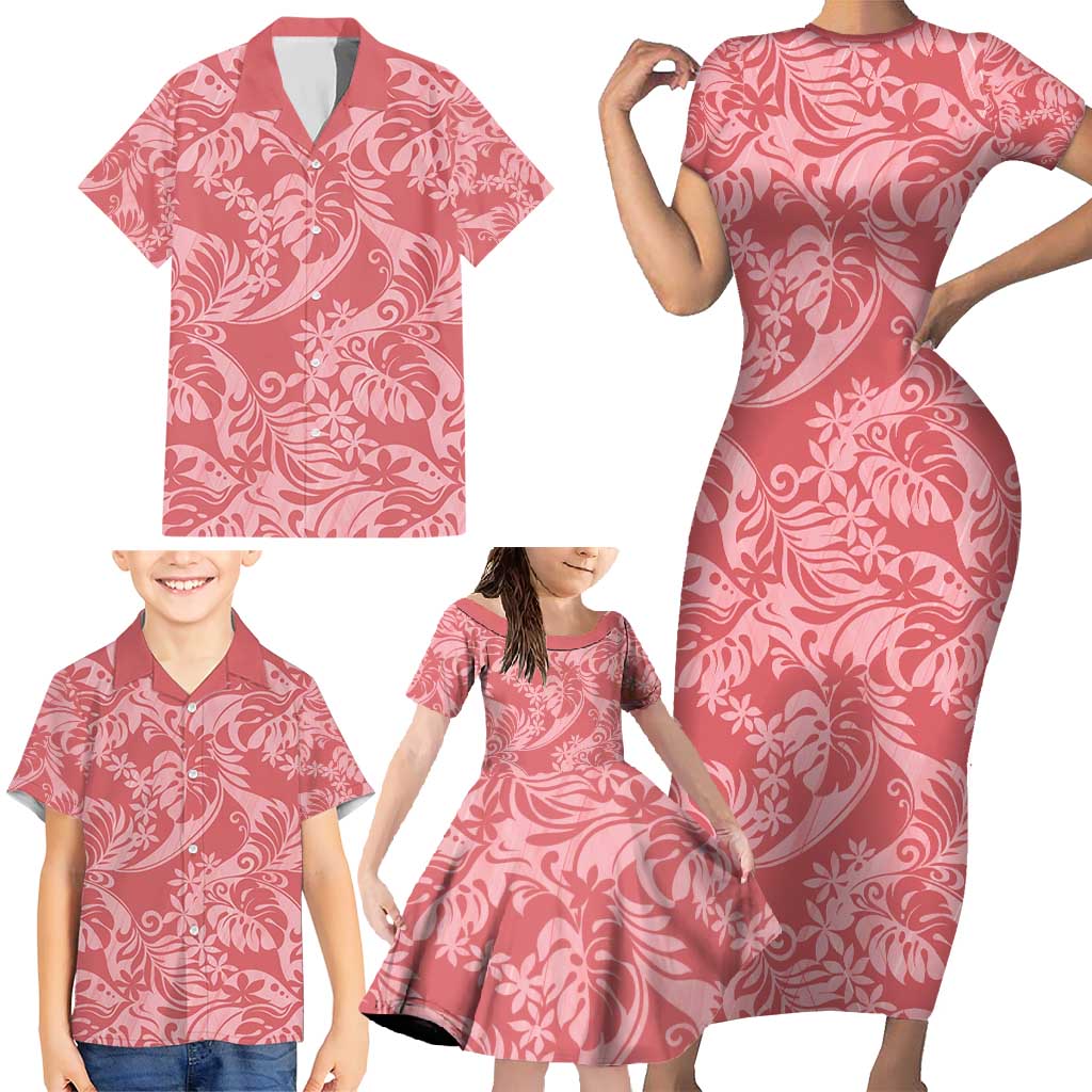 Tahiti Tarona Tiare Floral Family Matching Short Sleeve Bodycon Dress and Hawaiian Shirt Monstera Palm Tropical Leaves - Polynesian Pride