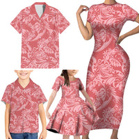 Tahiti Tarona Tiare Floral Family Matching Short Sleeve Bodycon Dress and Hawaiian Shirt Monstera Palm Tropical Leaves - Polynesian Pride