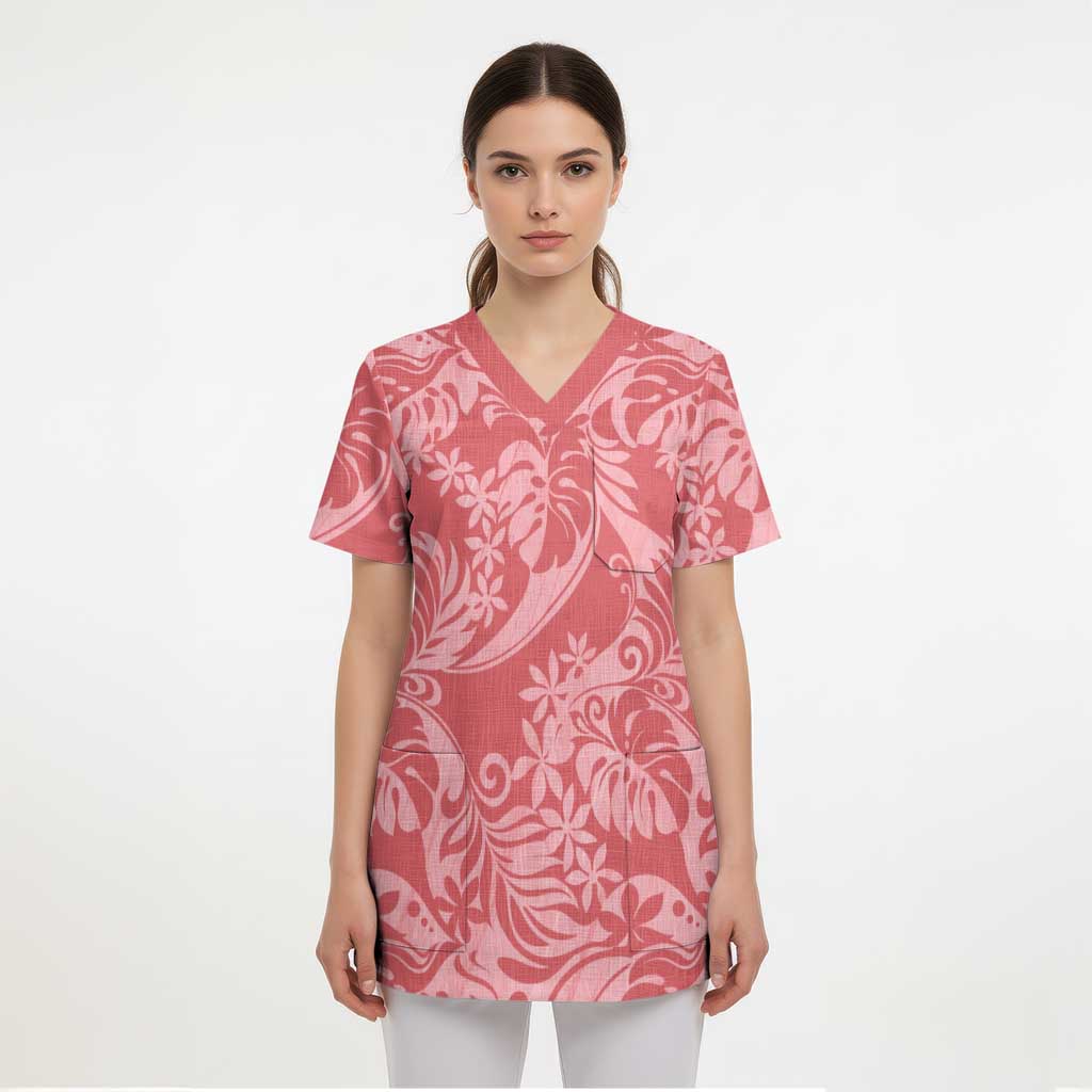 Tahiti Tarona Tiare Floral Scrub Top Monstera Palm Tropical Leaves - Polynesian Pride