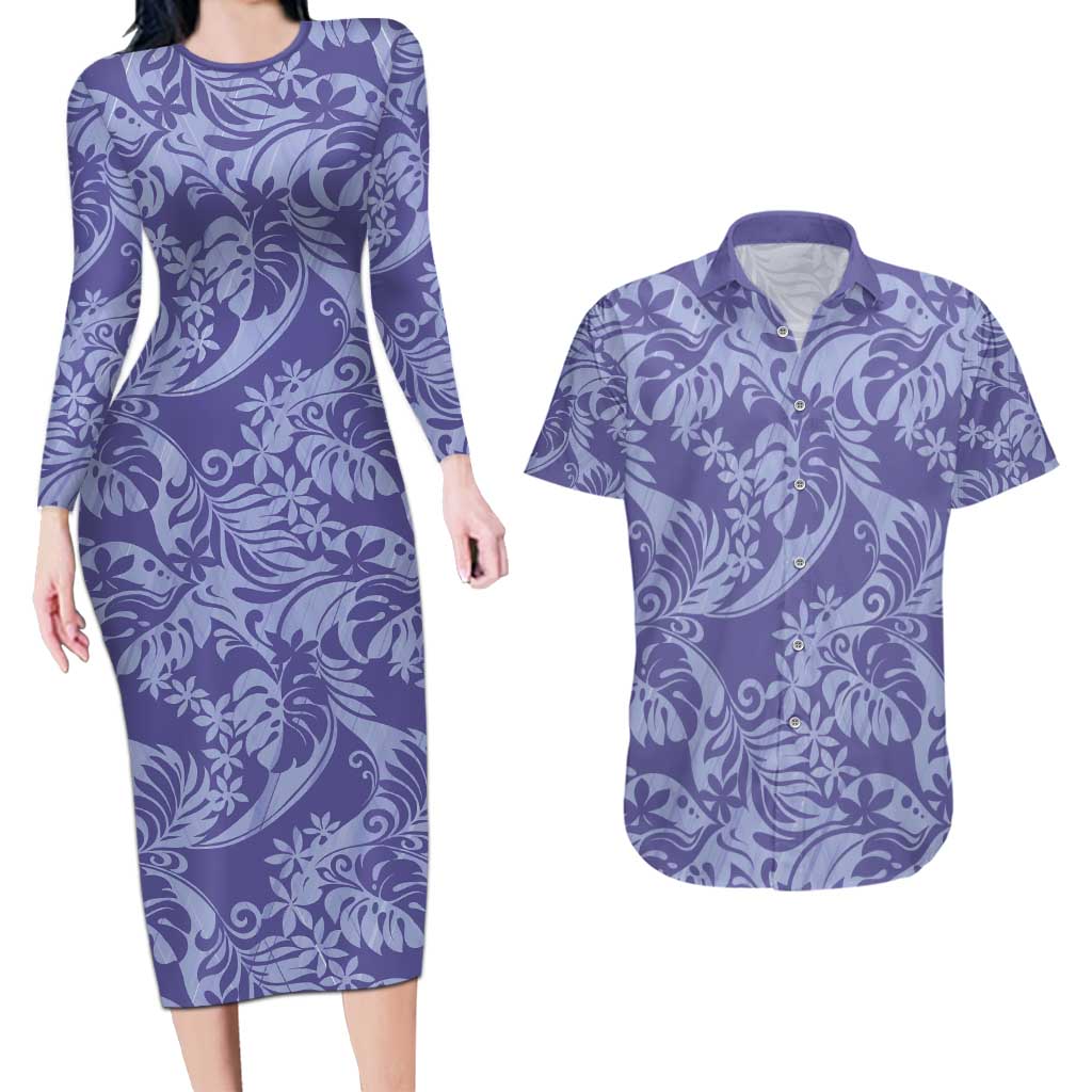 Tahiti Vareau Tiare Floral Couples Matching Long Sleeve Bodycon Dress and Hawaiian Shirt Monstera Palm Tropical Leaves - Polynesian Pride
