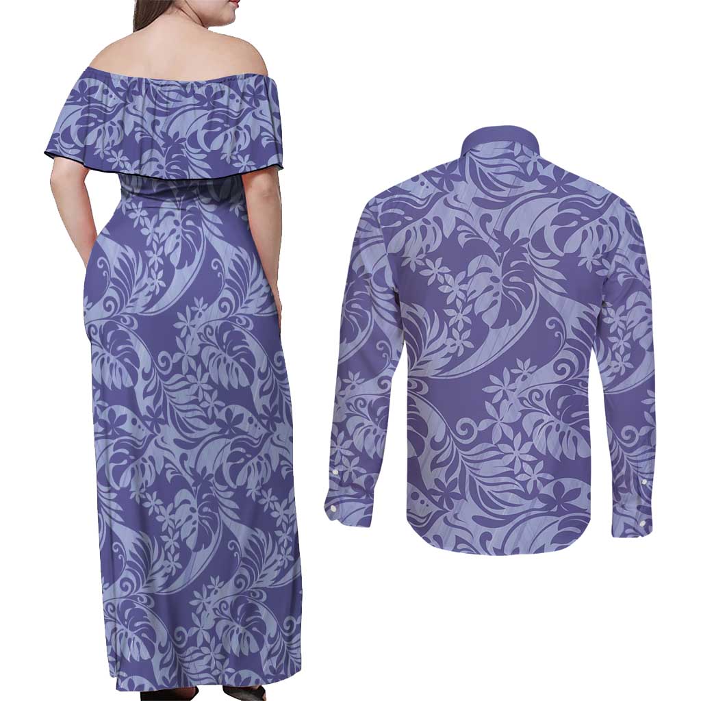 Tahiti Vareau Tiare Floral Couples Matching Off Shoulder Maxi Dress and Long Sleeve Button Shirt Monstera Palm Tropical Leaves - Polynesian Pride
