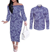 Tahiti Vareau Tiare Floral Couples Matching Off The Shoulder Long Sleeve Dress and Long Sleeve Button Shirt Monstera Palm Tropical Leaves - Polynesian Pride
