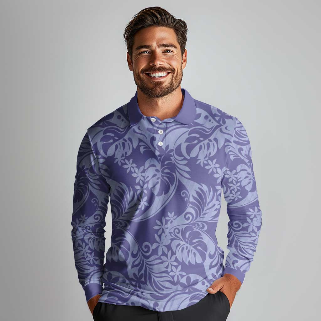 Tahiti Vareau Tiare Floral Long Sleeve Polo Shirt Monstera Palm Tropical Leaves - Polynesian Pride