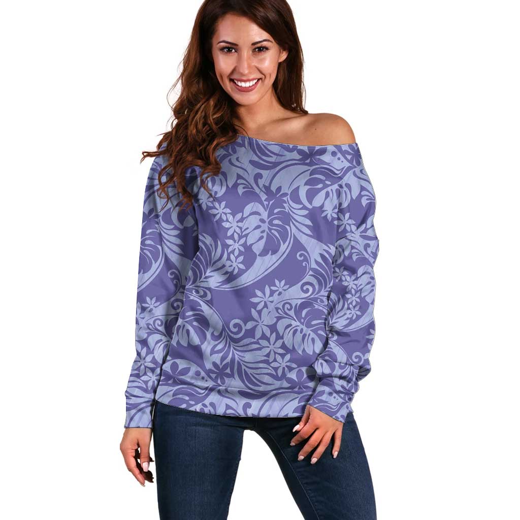Tahiti Vareau Tiare Floral Off Shoulder Sweater Monstera Palm Tropical Leaves - Polynesian Pride