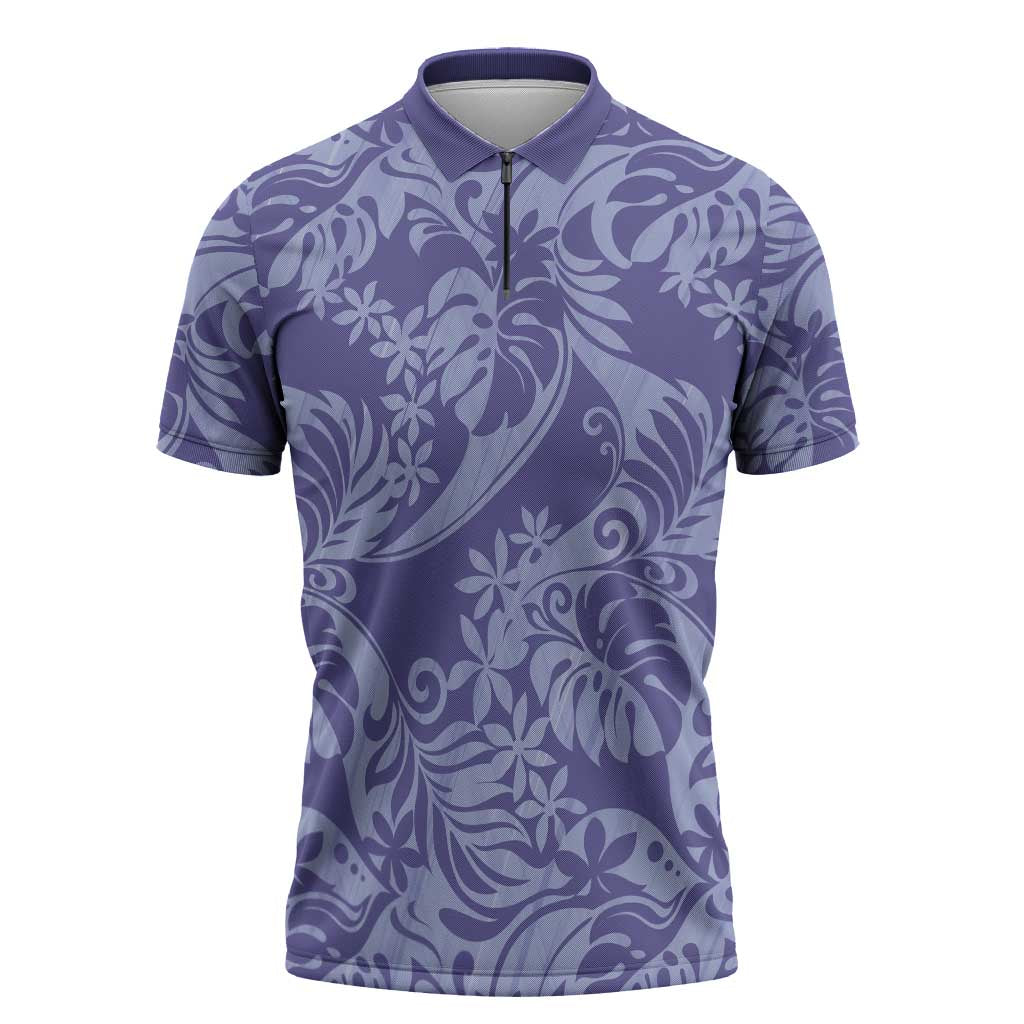 Tahiti Vareau Tiare Floral Zipper Polo Shirt Monstera Palm Tropical Leaves - Polynesian Pride