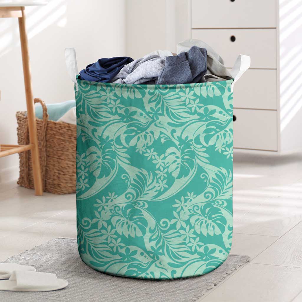 Tahiti Teal Tiare Floral Laundry Basket Monstera Palm Tropical Leaves LT01 Teal - Polynesian Pride