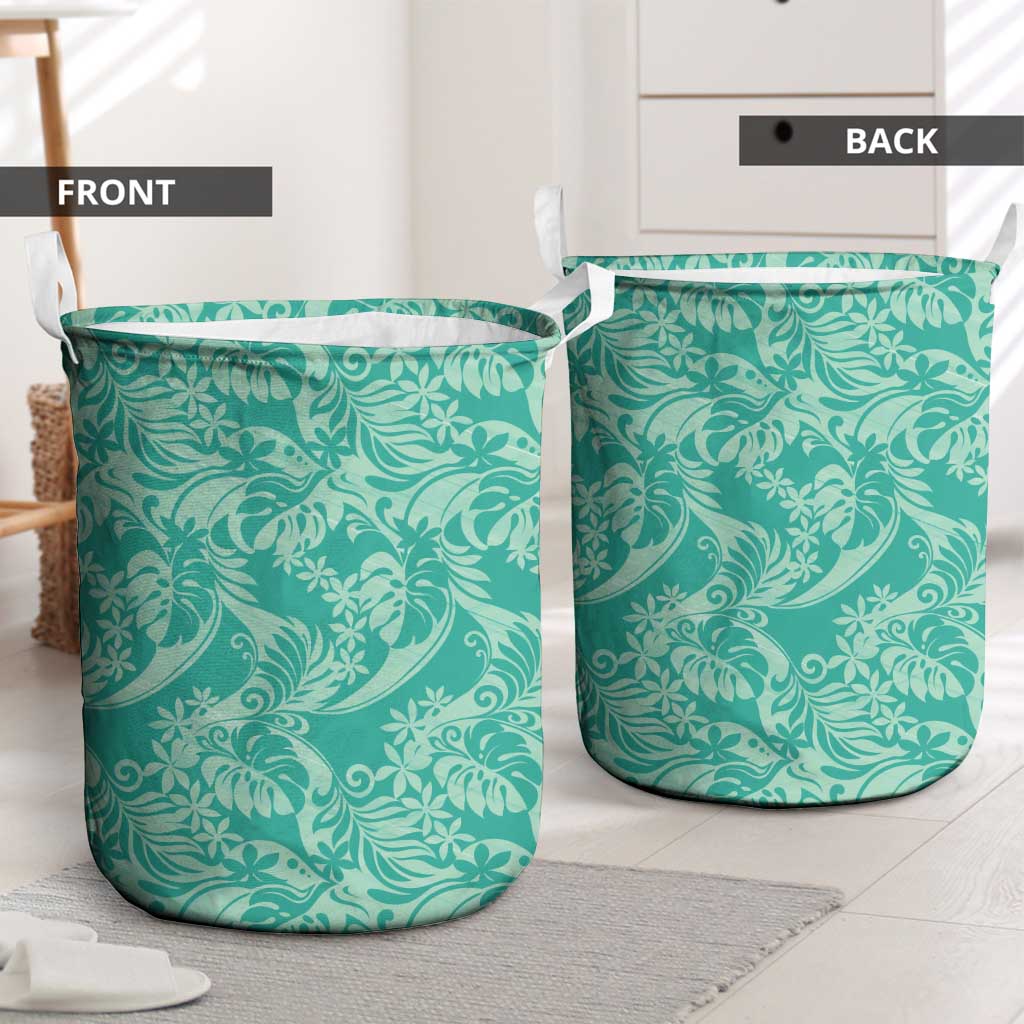 Tahiti Teal Tiare Floral Laundry Basket Monstera Palm Tropical Leaves LT01 - Polynesian Pride