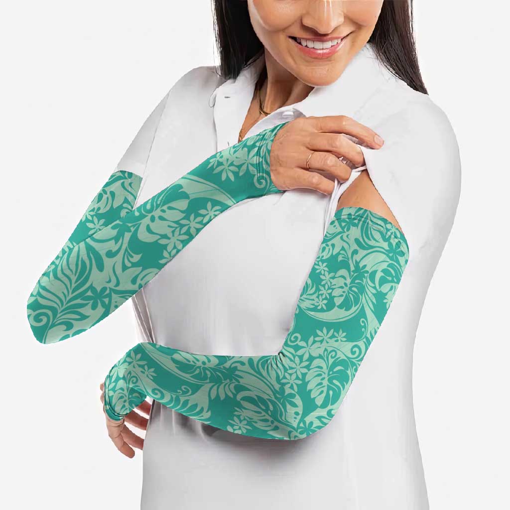 Tahiti Teal Tiare Floral Arm Sleeves Monstera Palm Tropical Leaves - Polynesian Pride