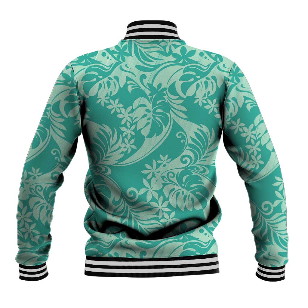 Tahiti Teal Tiare Floral Baseball Jacket Monstera Palm Tropical Leaves - Polynesian Pride